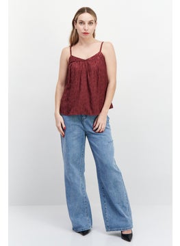promod Women Tie Neck Sleeveless Allover Print Tank Top, Maroon  - Image 2