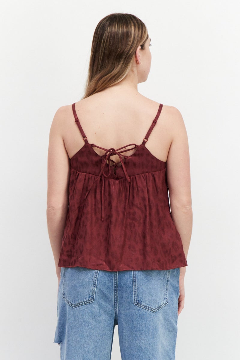 promod Women Tie Neck Sleeveless Allover Print Tank Top, Maroon - Image 4