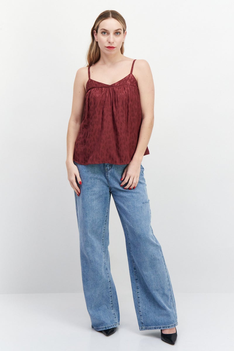 promod Women Tie Neck Sleeveless Allover Print Tank Top, Maroon - Image 2