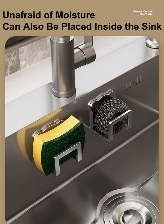 4 قطع من منظم حوض المطبخ المصنوع من الفولاذ المقاوم للصدأ، حامل إسفنج لاصق بدون حفر، خطاف تخزين مثبت على الحائط لأدوات غسل الأطباق والملحقات - Image 4