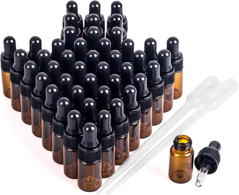 Easeen Sample Dropper Bottles, Mini Dropper Bottles with 2 Pcs Plastic Droppers for Traveling Essential Oils DIY Cosmetic Liquid Sample Perfume, Amber, 3ML-50PCS - Image 1