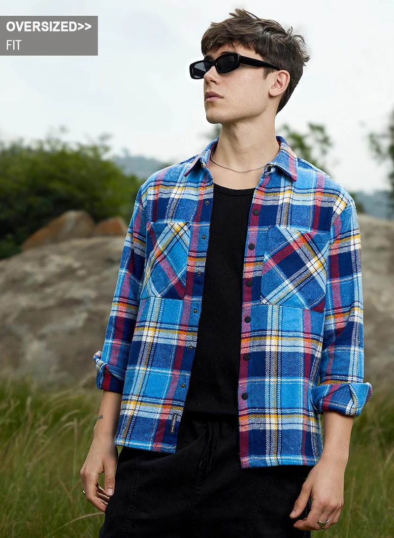 Campus Sutra Men's Azure Blue Tartan Plaid Utility Overshirt