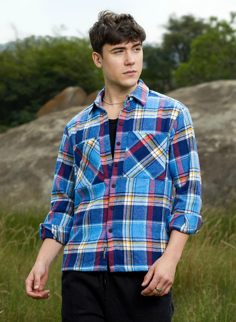 Campus Sutra Men's Azure Blue Tartan Plaid Utility Overshirt