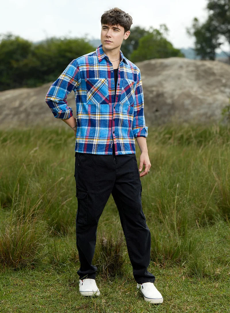 Campus Sutra Men's Azure Blue Tartan Plaid Utility Overshirt