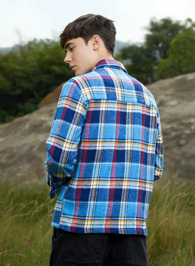 Campus Sutra Men's Azure Blue Tartan Plaid Utility Overshirt
