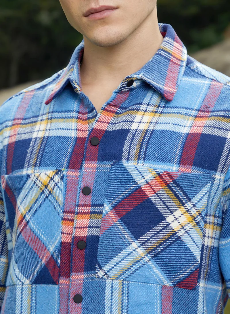 Campus Sutra Men's Azure Blue Tartan Plaid Utility Overshirt