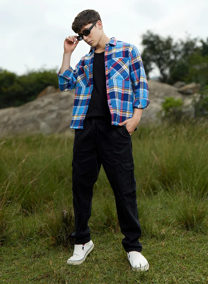 Campus Sutra Men's Azure Blue Tartan Plaid Utility Overshirt