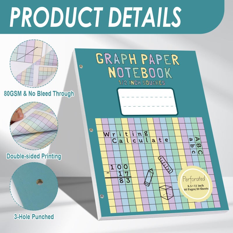 SKLENICE 60 Sheet Colored Graph Paper Notebook 8.5"x 11" Large Square Graph Paper for 3 Ring Binder 1/2 Inch Squares Math Grid Notebook 3 Hole Punch Graph Writing Paper for Kids School Dyslexia Dysgraphia - Image 3