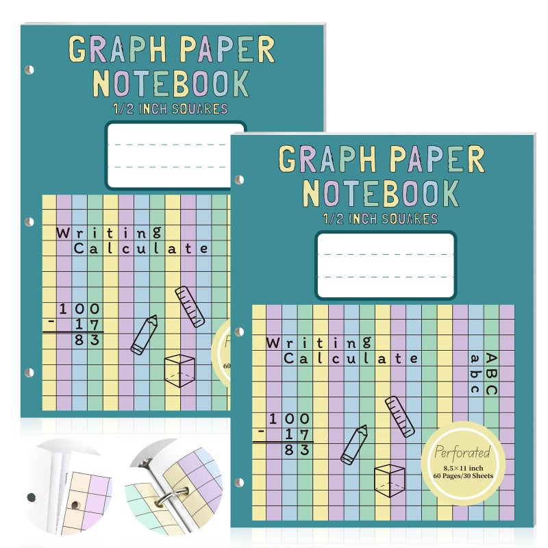 SKLENICE 60 Sheet Colored Graph Paper Notebook 8.5"x 11" Large Square Graph Paper for 3 Ring Binder 1/2 Inch Squares Math Grid Notebook 3 Hole Punch Graph Writing Paper for Kids School Dyslexia Dysgraphia - Image 1