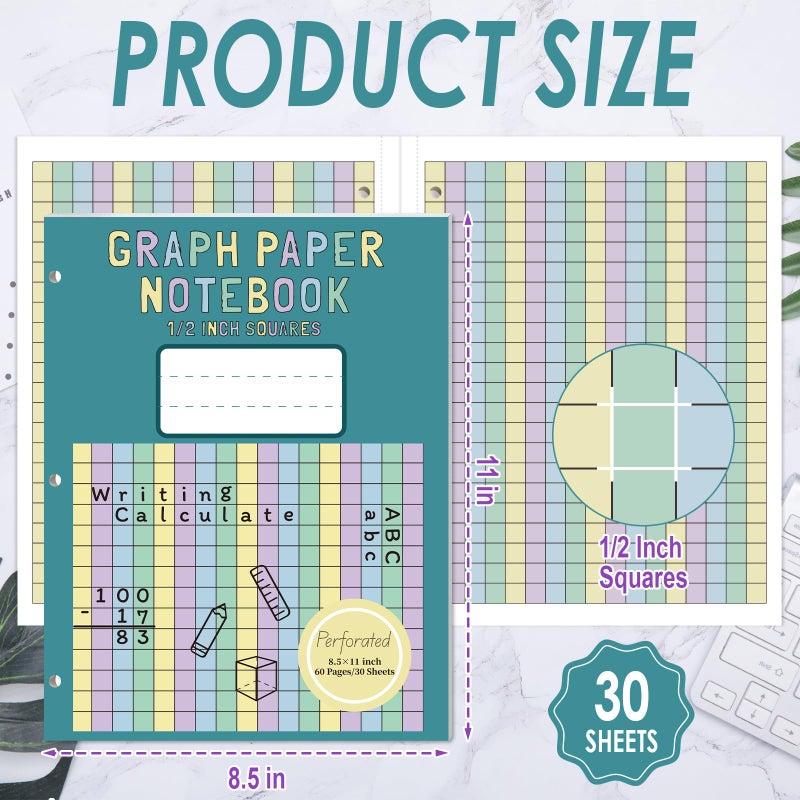 SKLENICE 60 Sheet Colored Graph Paper Notebook 8.5"x 11" Large Square Graph Paper for 3 Ring Binder 1/2 Inch Squares Math Grid Notebook 3 Hole Punch Graph Writing Paper for Kids School Dyslexia Dysgraphia - Image 2