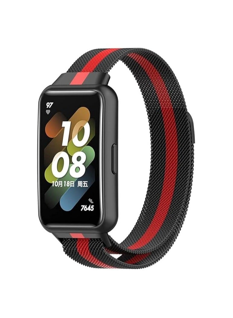 Stainless Steel Mesh Replacement Wrist Strap for Huawei Band 7 (Black & Red) - Image 1