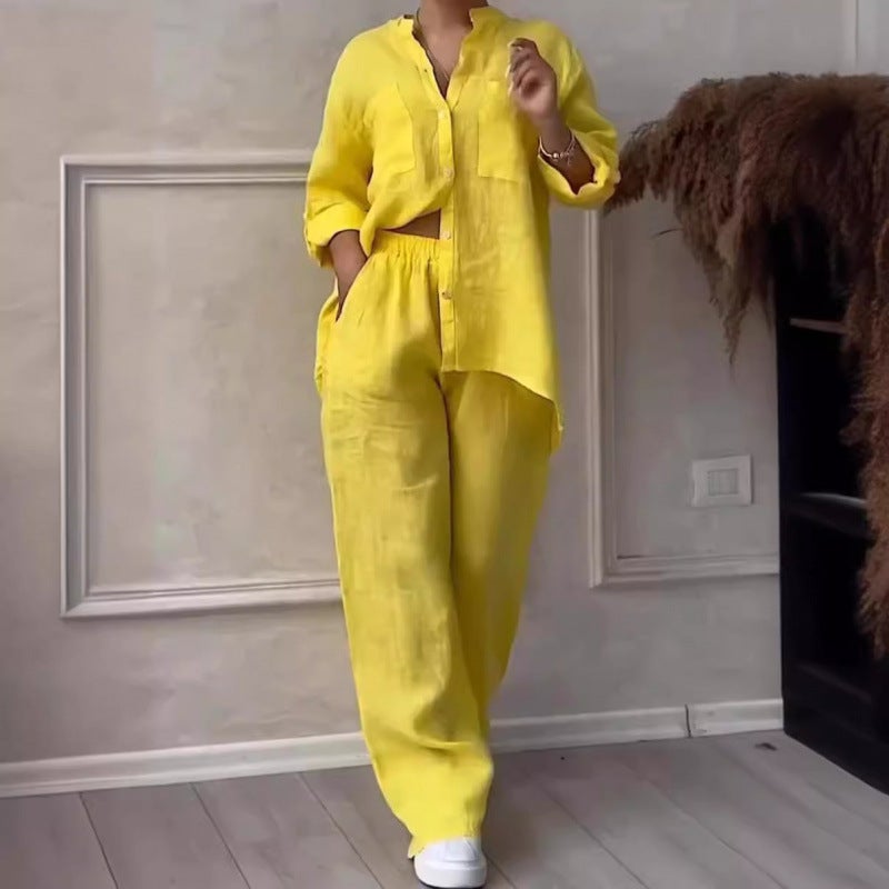 European and American 2024 New Womens Solid Color Single-breasted Long-sleeved Shirt Two-piece Wide-leg Pants Lace-up Pants for Women Lots of in stock, that day.