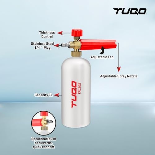 TUQO Heavy Duty Adjustable Foam Lance 1L Bottle with Brass Nozzle & 1 Brass Quick Connector | Professional Series for Pressure Washers | High Foaming Car Wash Pack- TFL302 - Image 3