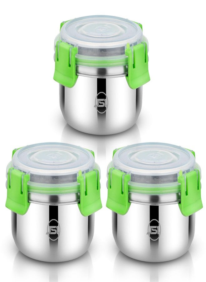 JSI Stainless Steel Airtight Lid Container With 4 Side Clip Lock (Set Of 3 Pcs, 350 ML Each, Green) Round Steel Storage Container/Tiffin box/Lunch Box For Office Home Kitchen - Leak Proof & BPA Free - Image 1