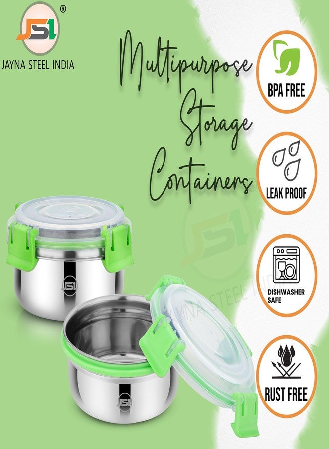 JSI Stainless Steel Airtight Lid Container With 4 Side Clip Lock (Set Of 3 Pcs, 350 ML Each, Green) Round Steel Storage Container/Tiffin box/Lunch Box For Office Home Kitchen - Leak Proof & BPA Free - Image 2