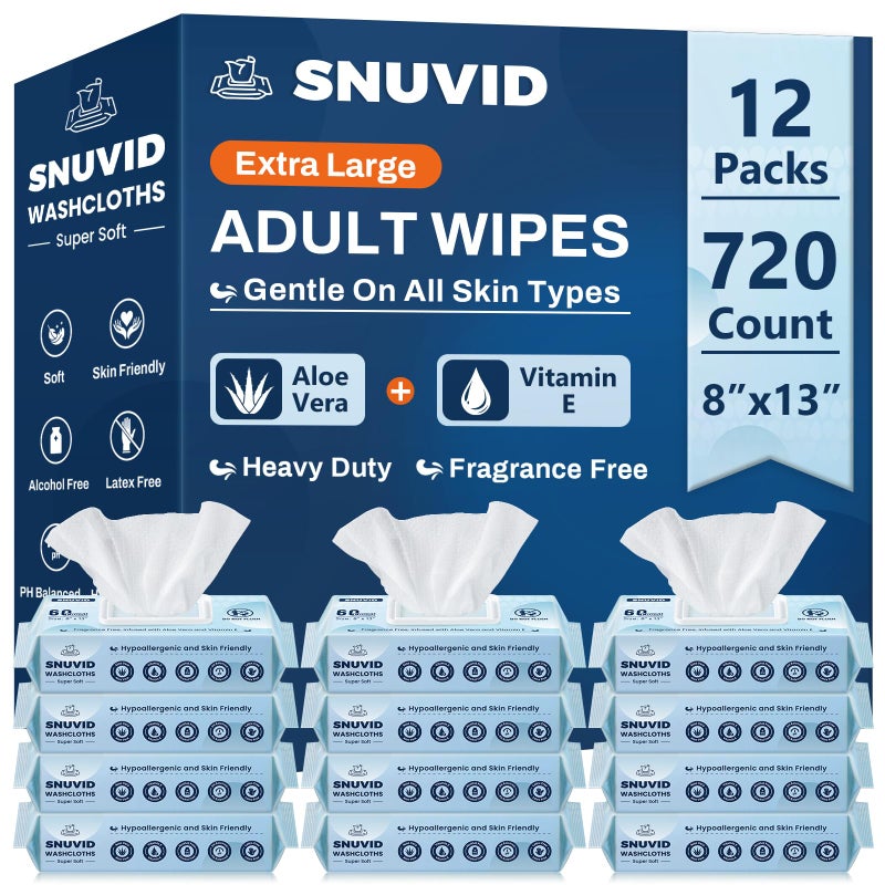 Snuvid Adult Wipes for Elderly - 720 Count Extra Large 8"x13" Disposable Washcloths Rinse Free Bathing Wipes for Incontinence & Bedridden Care - Thick, Soft & Unscented with Aloe & Vitamin E (12 Packs of 60) - Image 1