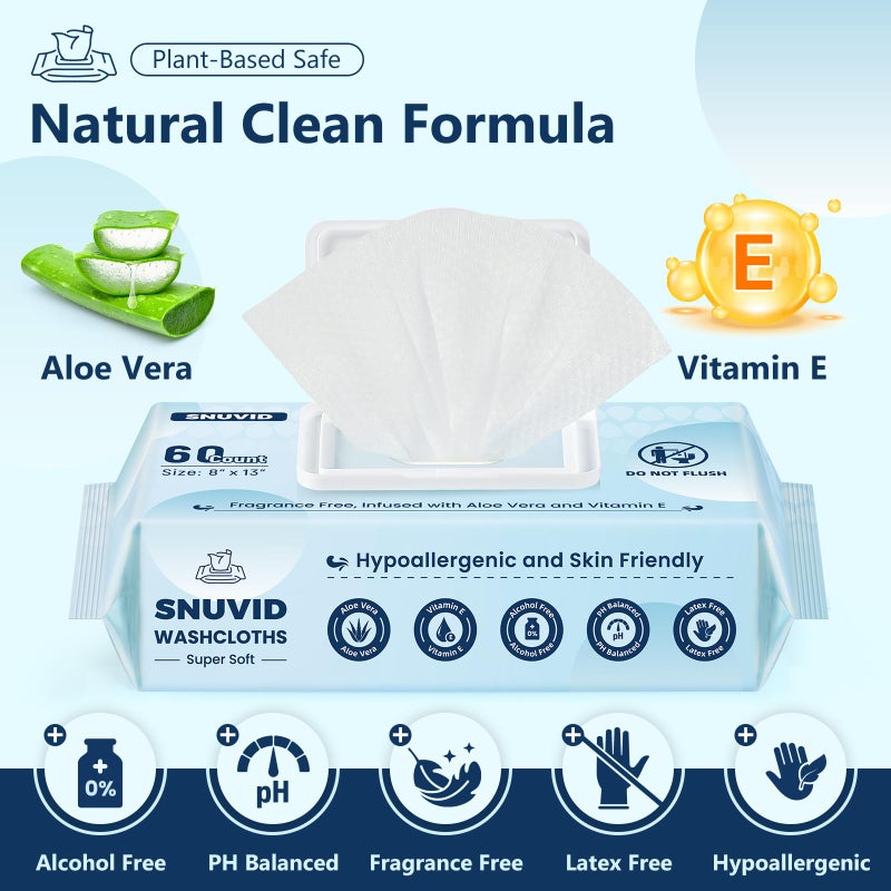 Snuvid Adult Wipes for Elderly - 720 Count Extra Large 8"x13" Disposable Washcloths Rinse Free Bathing Wipes for Incontinence & Bedridden Care - Thick, Soft & Unscented with Aloe & Vitamin E (12 Packs of 60) - Image 3