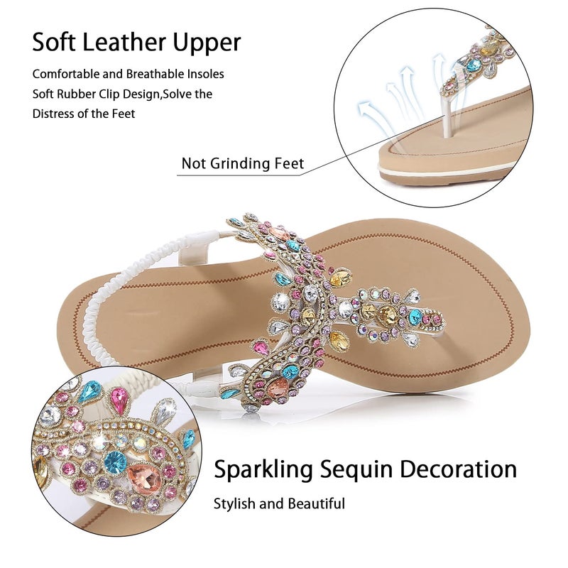iCKER Women Rhinestone Sandals T-Strap Buckle Pearl Crystal Flat Sandals-PD1-White8 - Image 3