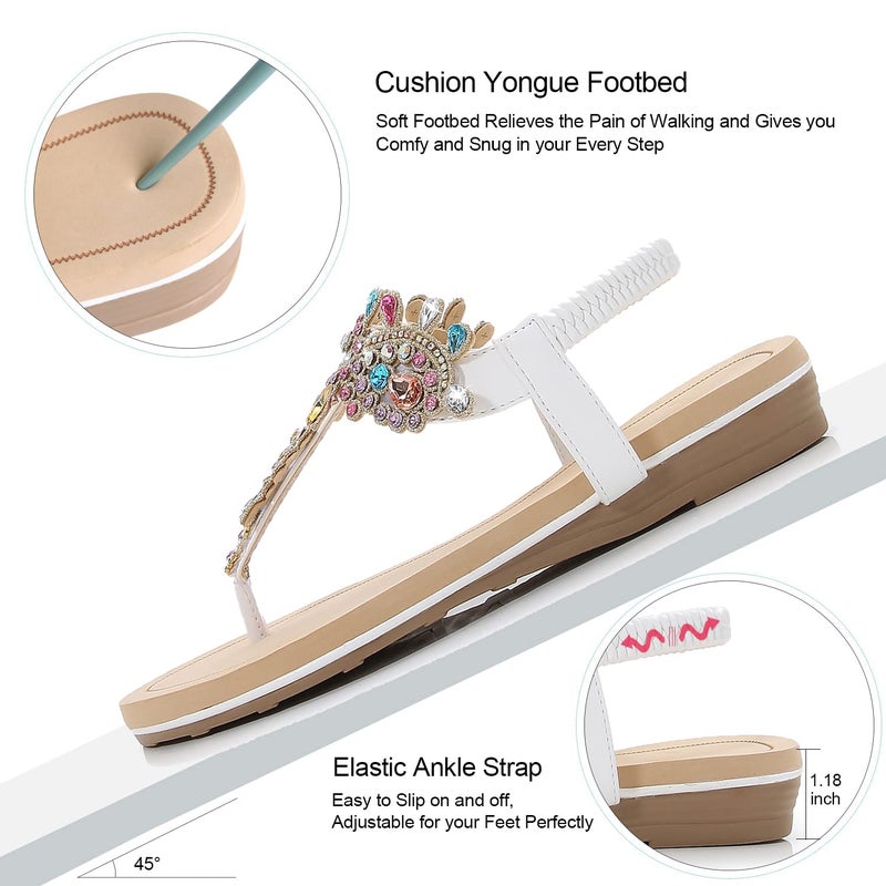iCKER Women Rhinestone Sandals T-Strap Buckle Pearl Crystal Flat Sandals-PD1-White8 - Image 4