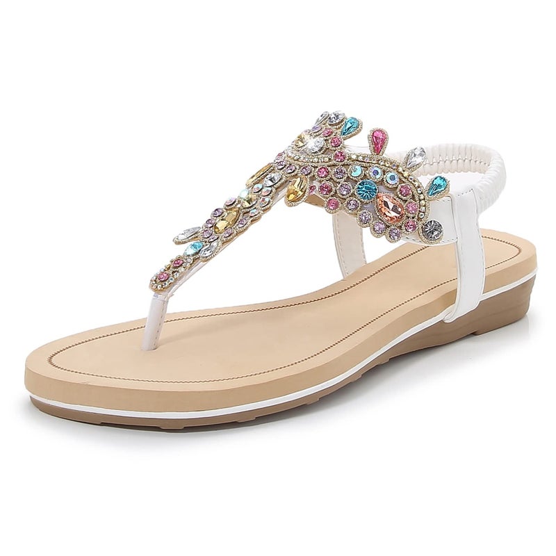 iCKER Women Rhinestone Sandals T-Strap Buckle Pearl Crystal Flat Sandals-PD1-White8 - Image 1