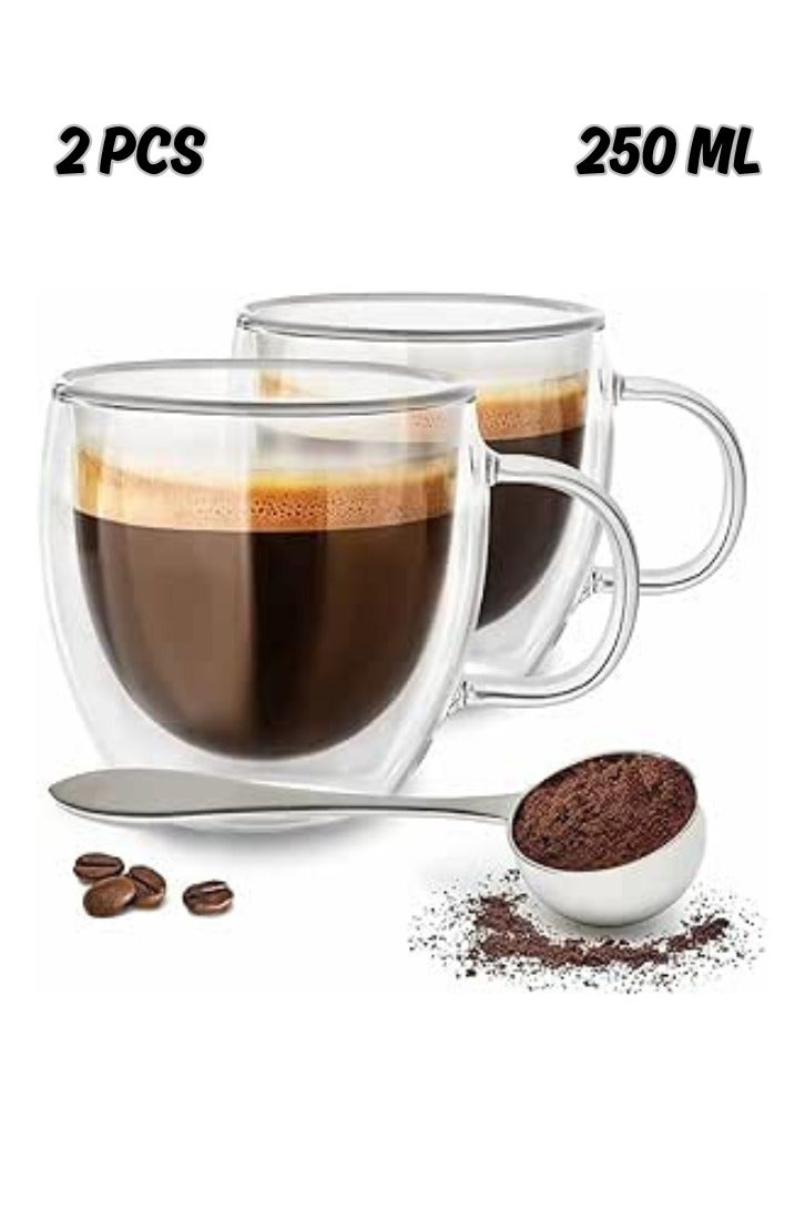 Eleish Double Wall Insulated Glasses Espresso Mugs,2 Pcs  Glass Coffee Mugs with Handle, Insulated Layer Coffee Cups, Clear Borosilicate Glass Mugs | Perfect Coffee Mugs for Espresso, Cappuccino, Latte, American,Tea Bag, Hot Beverages 250 ml - Image 1