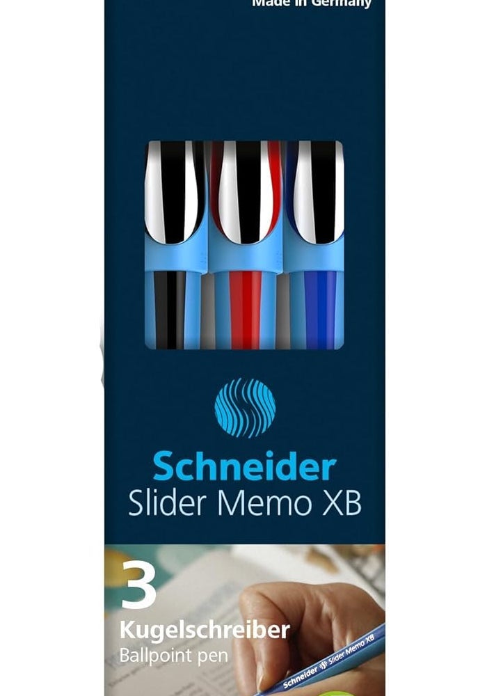 Schneider Slider Memo XB Ballpoint Pens - Pack of 3 (Black, Blue, Red) - Made in Germany - Image 2