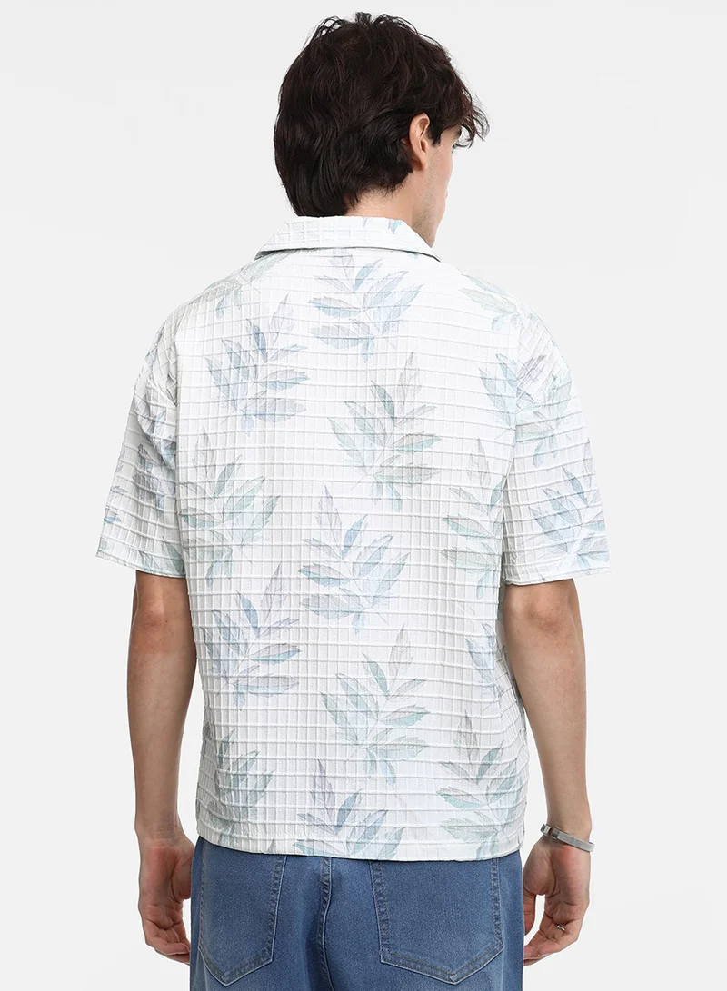 Campus Sutra Men's Ivory White Faded Foliage Oversized Shirt