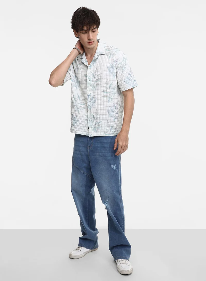 Campus Sutra Men's Ivory White Faded Foliage Oversized Shirt