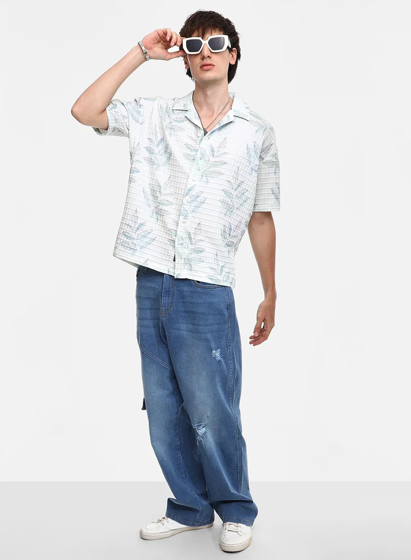 Campus Sutra Men's Ivory White Faded Foliage Oversized Shirt