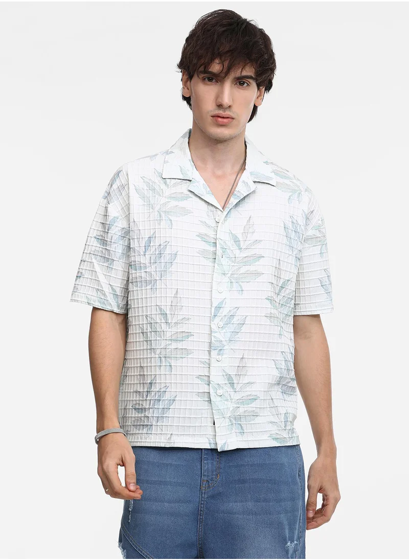 Campus Sutra Men's Ivory White Faded Foliage Oversized Shirt
