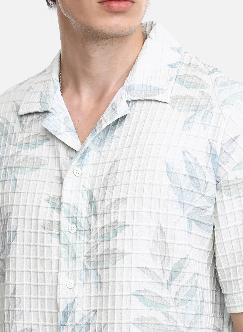 Campus Sutra Men's Ivory White Faded Foliage Oversized Shirt
