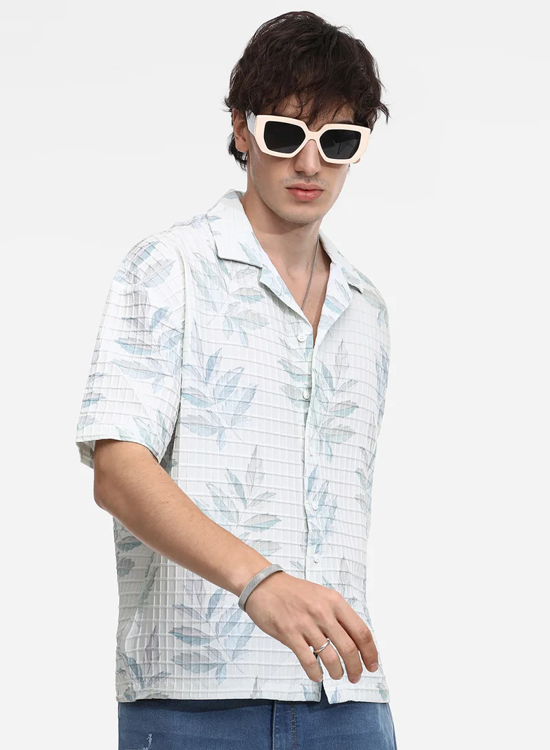 Campus Sutra Men's Ivory White Faded Foliage Oversized Shirt