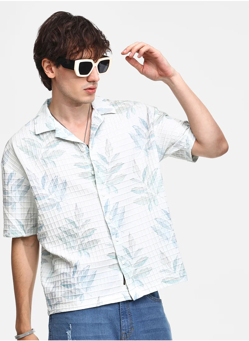 Campus Sutra Men's Ivory White Faded Foliage Oversized Shirt