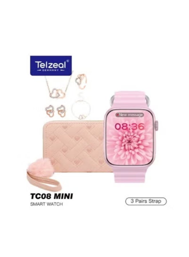 Telzeal TC 08 Mini Smart Watch for Women in Pink – Stylish Digital Watch Gift Set with 3 Interchangeable Straps, Elegant Handbag, Fashion Earrings, Ring & Necklace Chain – Trendy Combo for Ladies – Perfect Gift for Eid, Birthdays, Anniversaries & Special Occasions  - Image 2