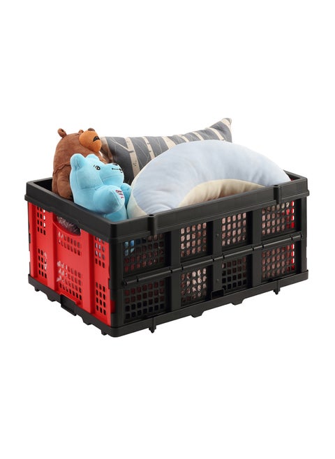Foldable Basket - 56x40x26cm Red and Black - Collapsible Plastic Storage Crate with Stackable Ventilated Design, 20kg Capacity, and Ergonomic Handles - for Home, Car, Garage, and Office Use