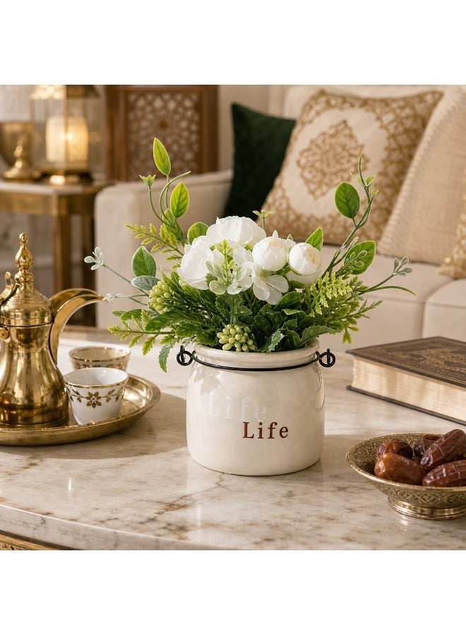Small Faux Flower Arrangement with Ceramic Pot, 15cm Table Decor for Home Office Desk - Image 5