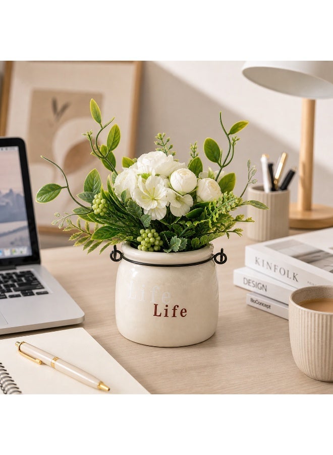 Small Faux Flower Arrangement with Ceramic Pot, 15cm Table Decor for Home Office Desk - Image 4