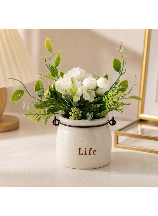 Small Faux Flower Arrangement with Ceramic Pot, 15cm Table Decor for Home Office Desk - Image 1