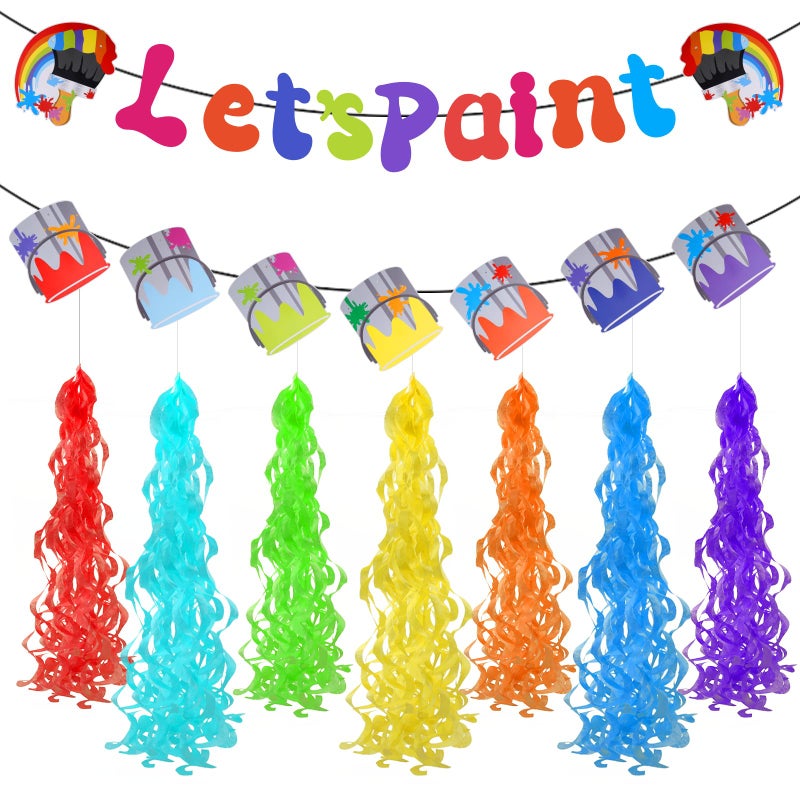 Ansberta Art Party Decorations Kit Let's Paint Splatter Party Supplies Include Rainbow Hanging Swirl Streamer Pouring Paint Can Ceiling Hanging Streamer Decor Art Birthday Decorations - Image 1