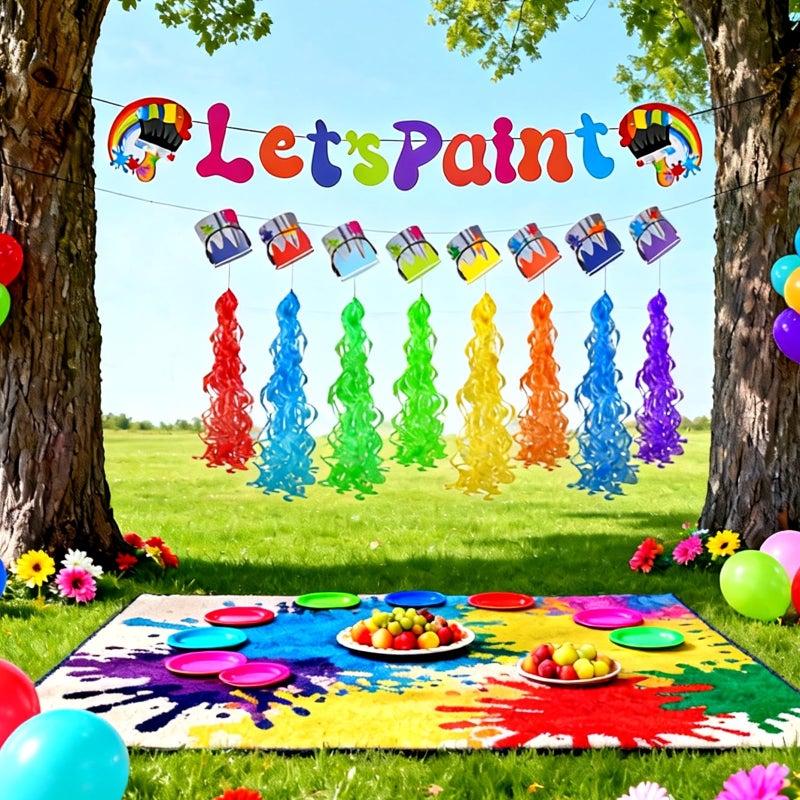 Ansberta Art Party Decorations Kit Let's Paint Splatter Party Supplies Include Rainbow Hanging Swirl Streamer Pouring Paint Can Ceiling Hanging Streamer Decor Art Birthday Decorations - Image 4