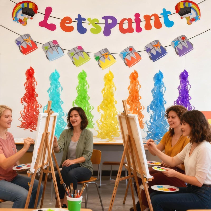 Ansberta Art Party Decorations Kit Let's Paint Splatter Party Supplies Include Rainbow Hanging Swirl Streamer Pouring Paint Can Ceiling Hanging Streamer Decor Art Birthday Decorations - Image 5