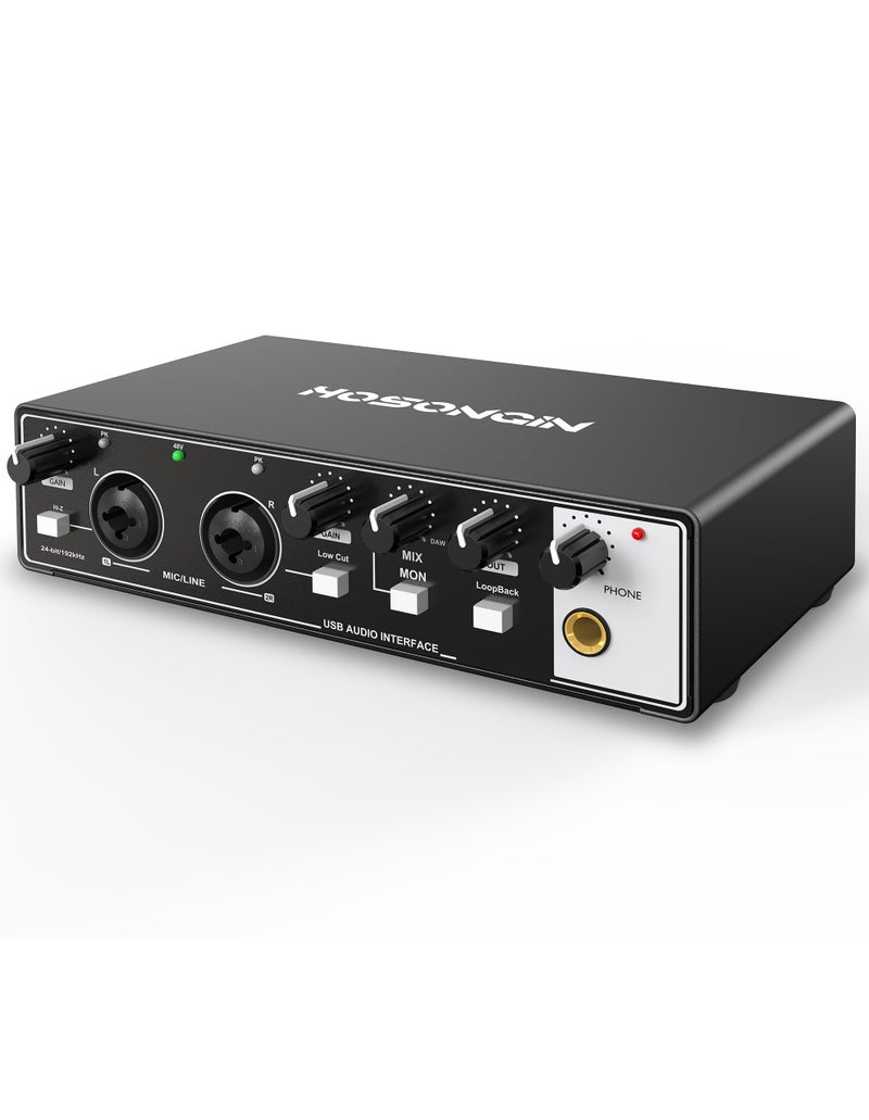 HOSONGIN 2i2 USB Audio Interface for Beginners 24Bit192kHz 48V Phantom Power Plug Play Recording for PodcastVocalsGuitarYoutube PCMaciOS Compatible Black Metal