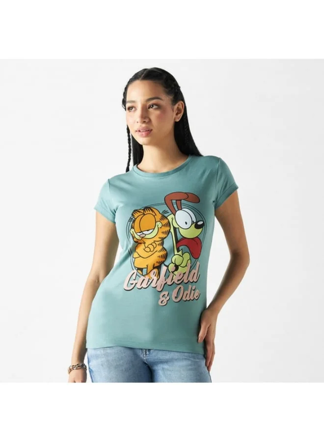 SP Characters Garfield and Odie Print T-shirt with Crew Neck and Cap Sleeves