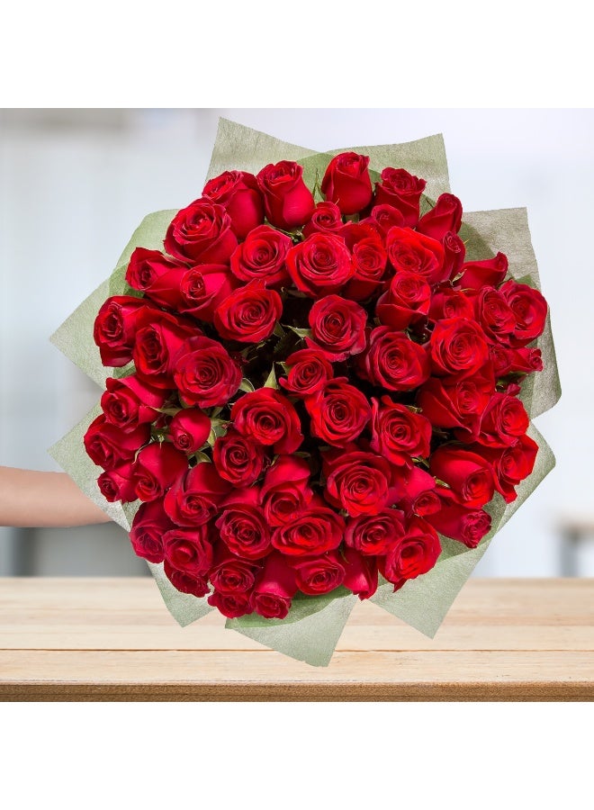 50 Fresh Live Red Roses in a Premium Bouquet