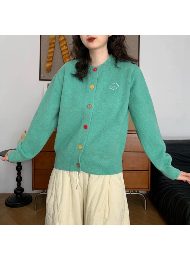 Leyuan Autumn And Winter Retro Embroidered Colored Button Round Neck Knitted Cardigan Top Long Sleeves Loose Casual Women's Sweater Coat - Image 1