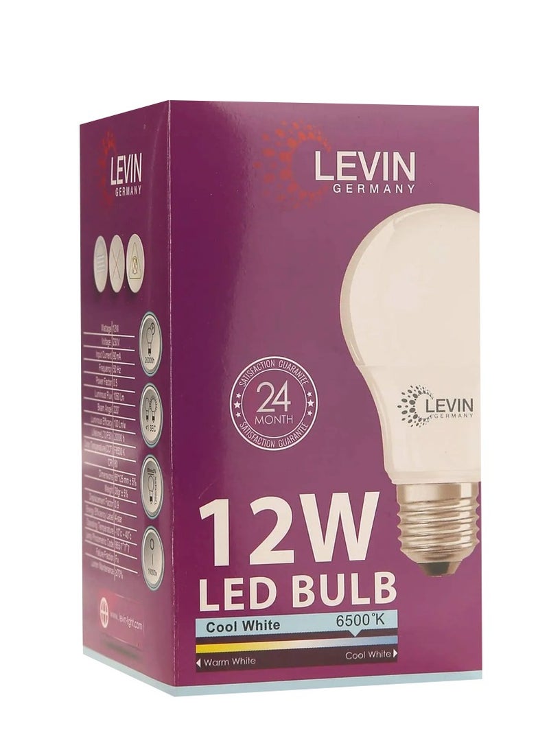 Levin Germany مصباح Levin A-Bulb 12 وات 6500 كلفن LED أبيض دافئ E27 220-240 فولت IP20 220° Ø65 x L125، خالٍ من الوميض وغير قابل للتعتيم، لمسة نهائية غير لامعة، مناسب للتطبيقات السكنية والتجارية  - Image 2