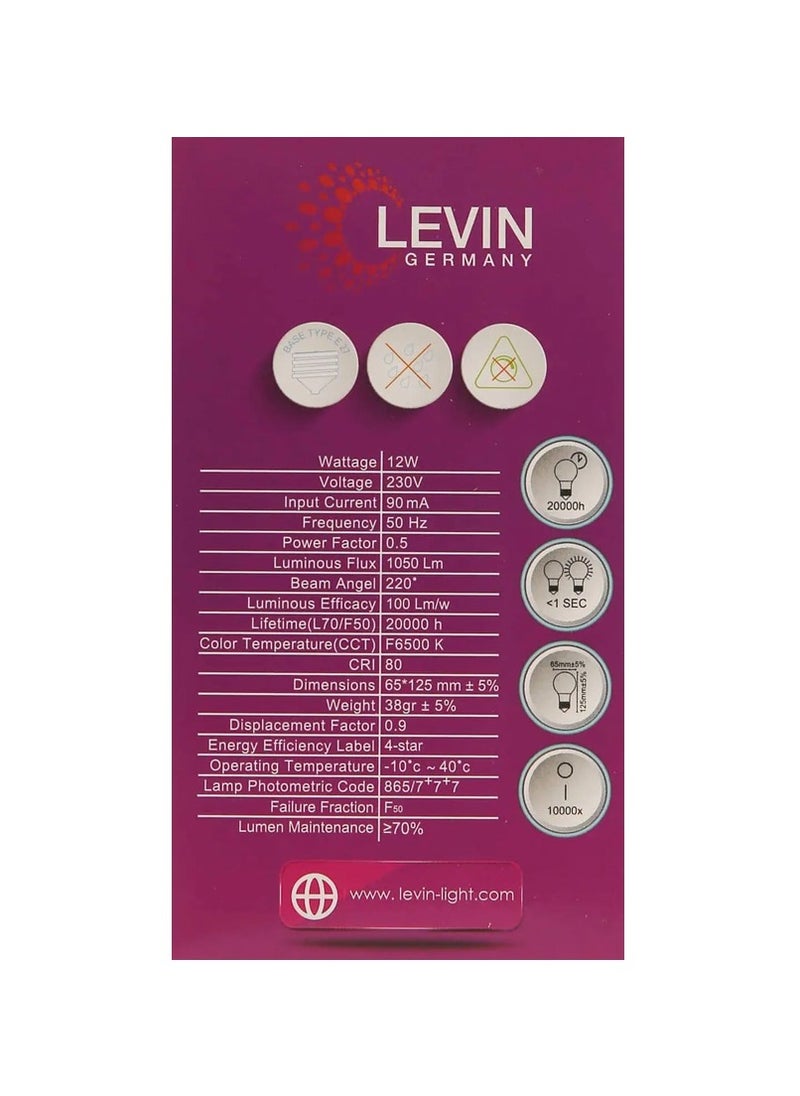 Levin Germany مصباح Levin A-Bulb 12 وات 6500 كلفن LED أبيض دافئ E27 220-240 فولت IP20 220° Ø65 x L125، خالٍ من الوميض وغير قابل للتعتيم، لمسة نهائية غير لامعة، مناسب للتطبيقات السكنية والتجارية  - Image 3