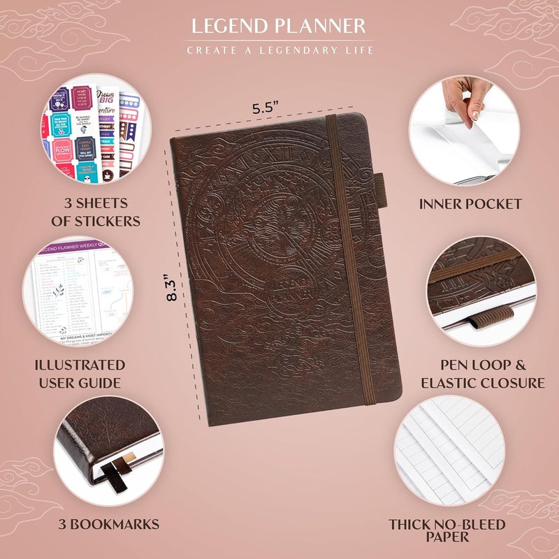 Legend Planner مخطط الأسطورة – مخطط الحياة الفاخر الأسبوعي والشهري لتحقيق أهدافك والعيش بسعادة. دفتر منظم ومجلة إنتاجية. غلاف صلب بحجم A5، غير مؤرخ – ابدأ في أي وقت + ملصقات – بني داكن - Image 2
