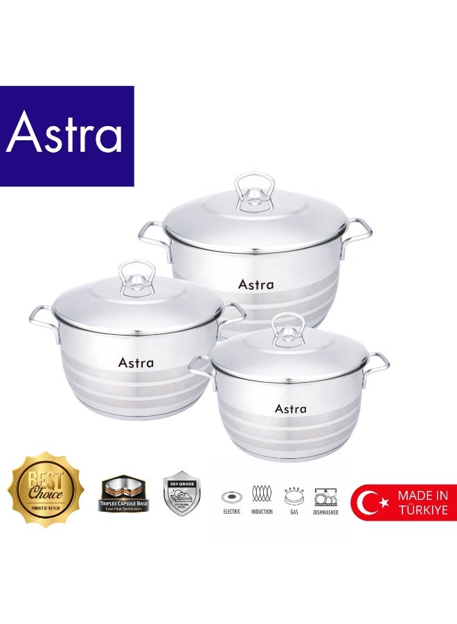 Astra 6-Piece 18/10 Stainless Steel Cookware Set – Induction Compatible, Triplex Capsule Base, Pots & Pans (22+24+26cm) - Image 1