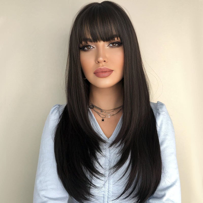 7JHH WIGS Hair Dye Wig for Women Synthetic Hair Natural Long Straight Wig With Bangs (22inch, Black tea) - Image 2